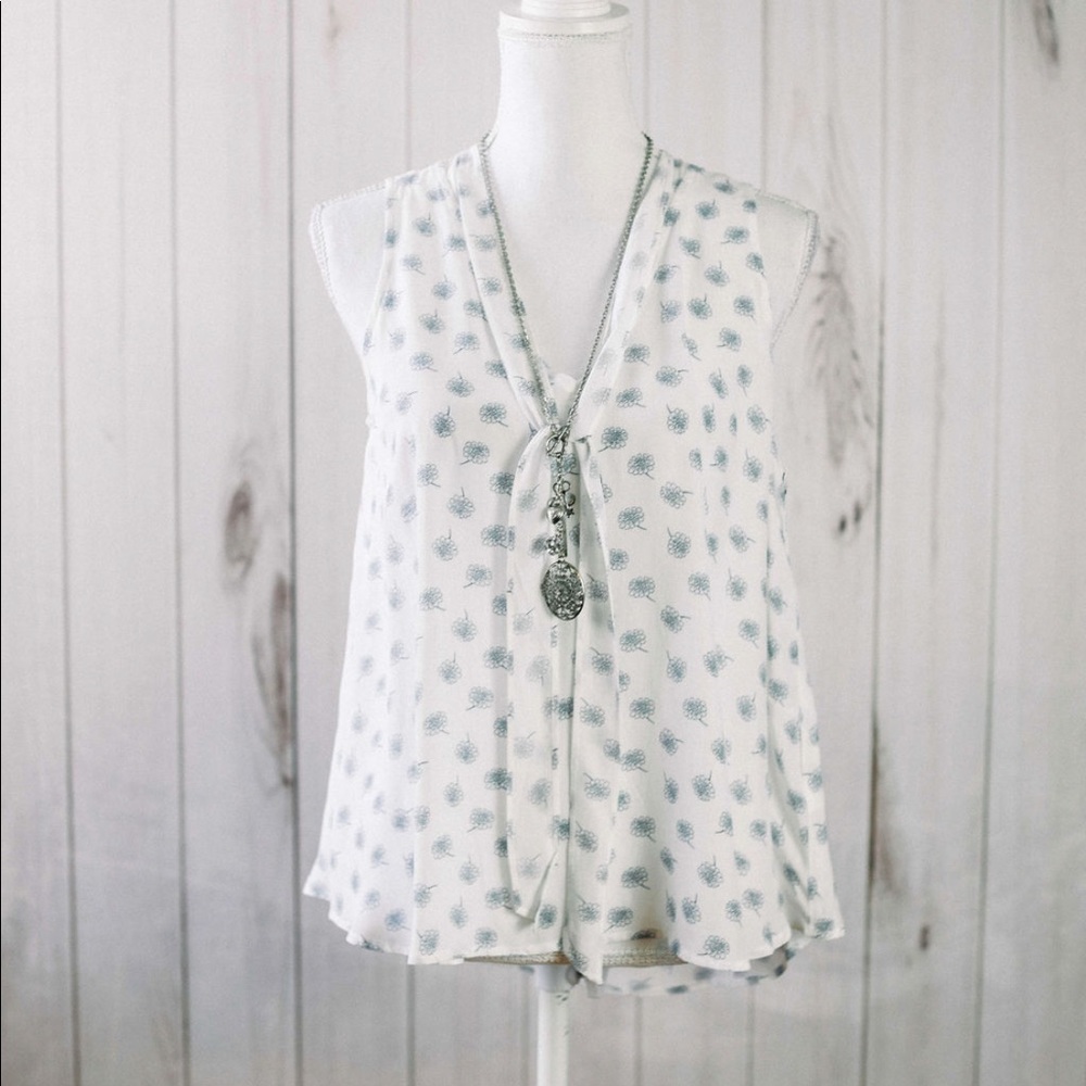 The Opal Blouse- white with flowers, tie neck top - Picture 2 of 10